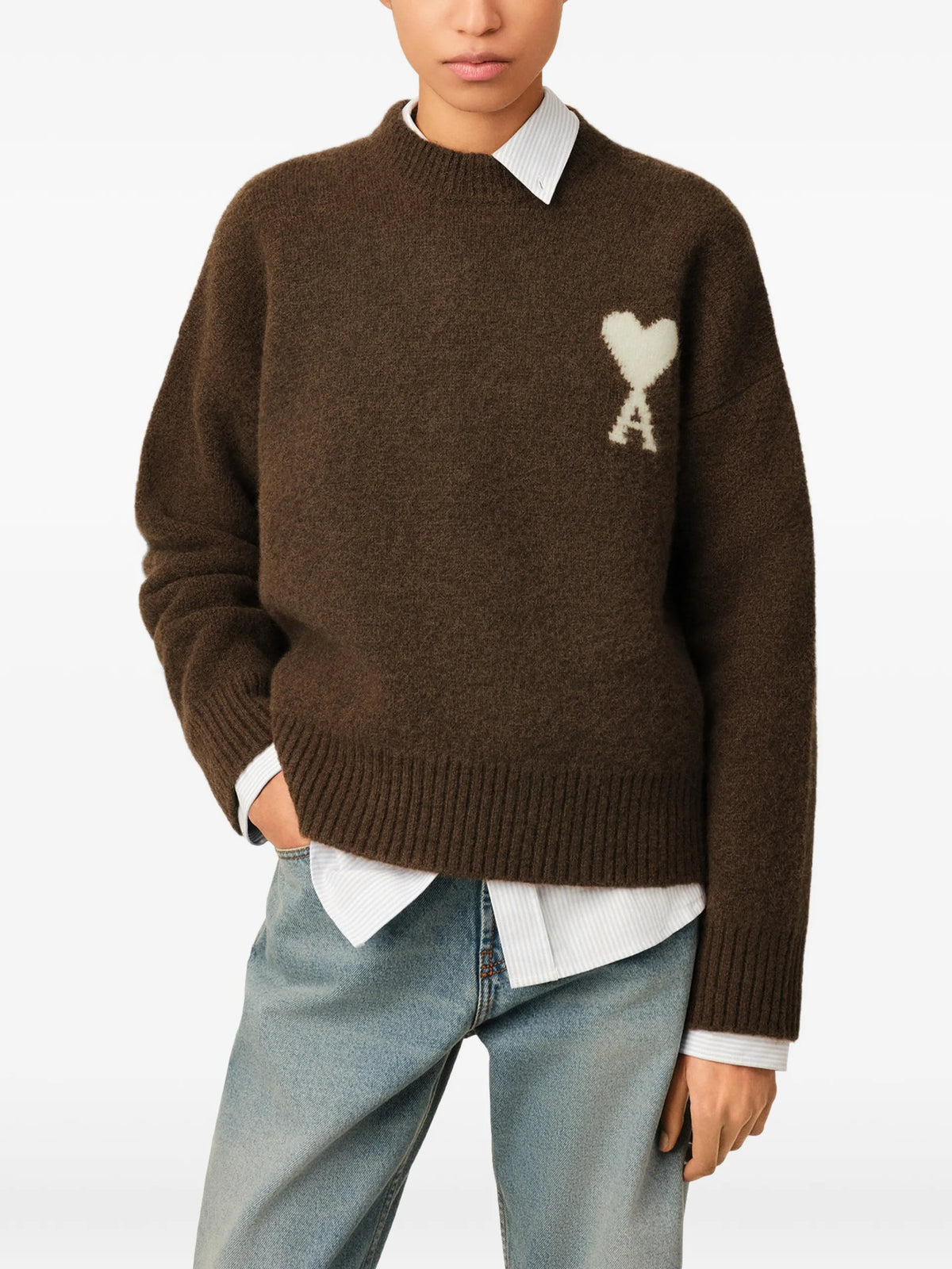 AMI Paris Crewneck alpaca sweater with Ami de Coeur coloris Brown - vue 4