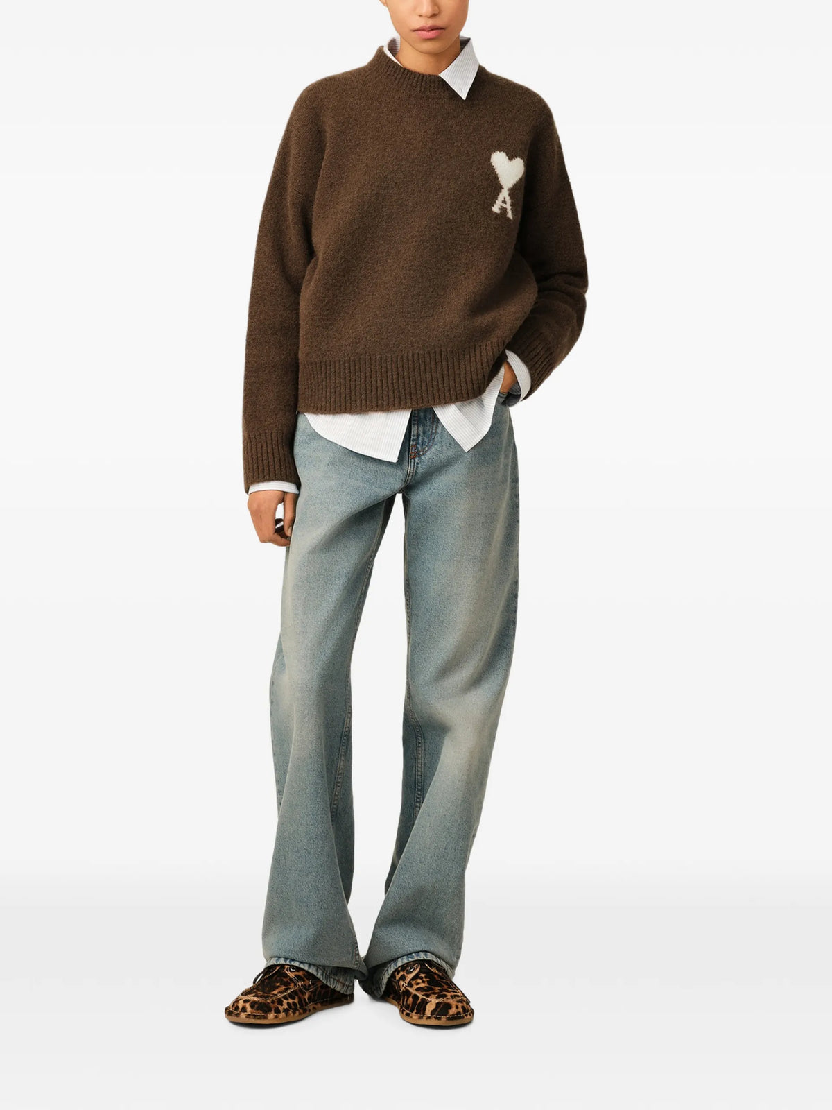 AMI Paris Crewneck alpaca sweater with Ami de Coeur coloris Brown - vue 3