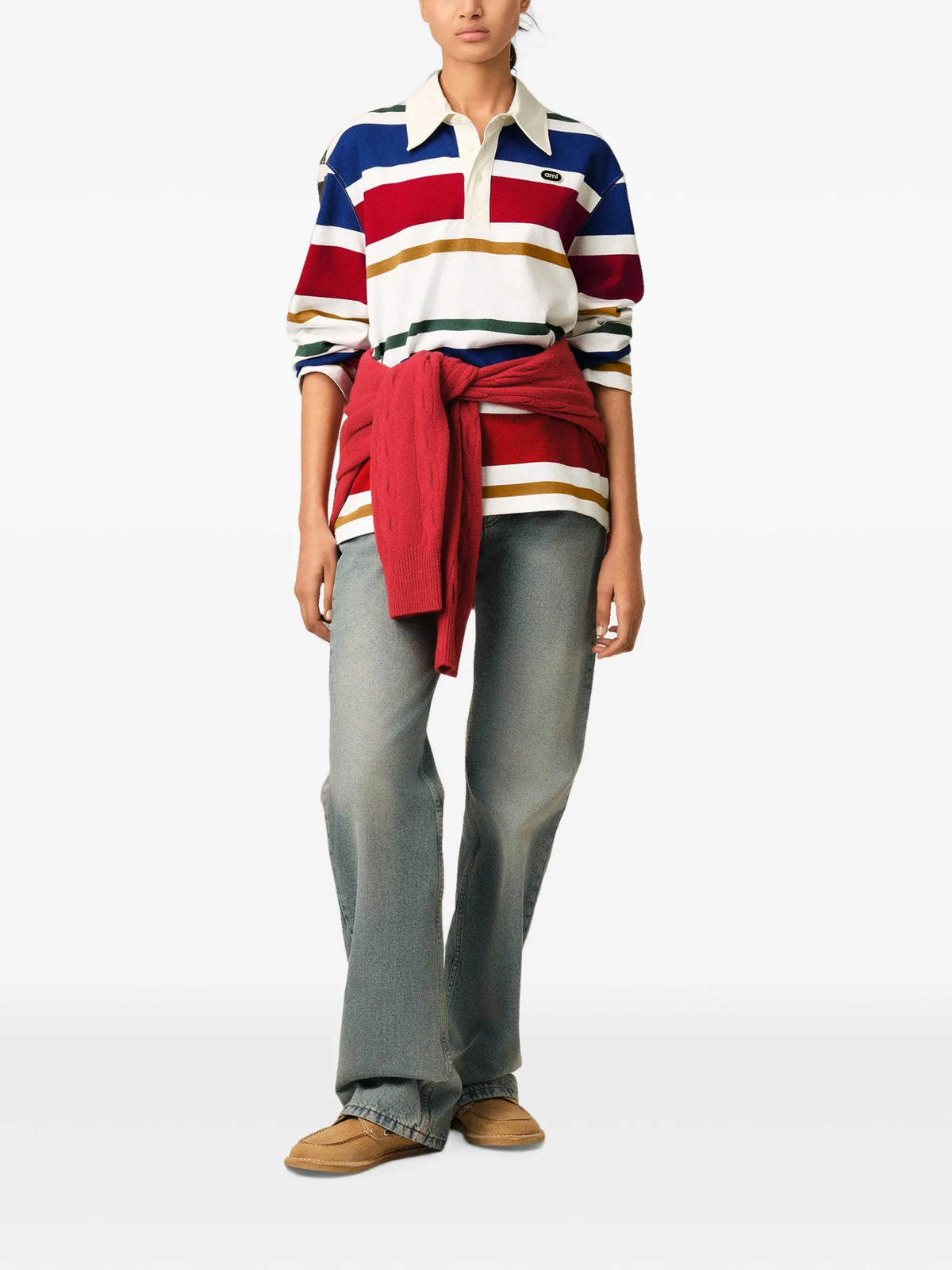 AMI Paris Striped cotton polo with Ami patch coloris Neutrals - vue 3
