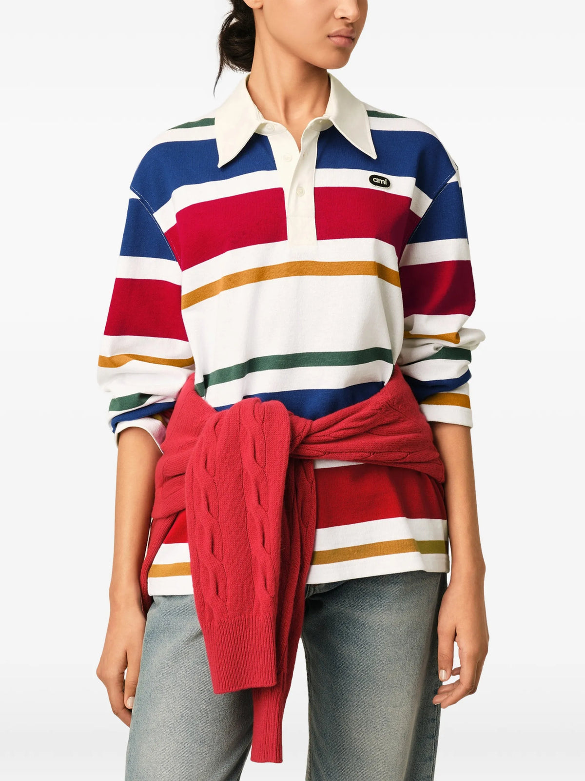 AMI Paris Striped cotton polo with Ami patch coloris Neutrals - vue 4