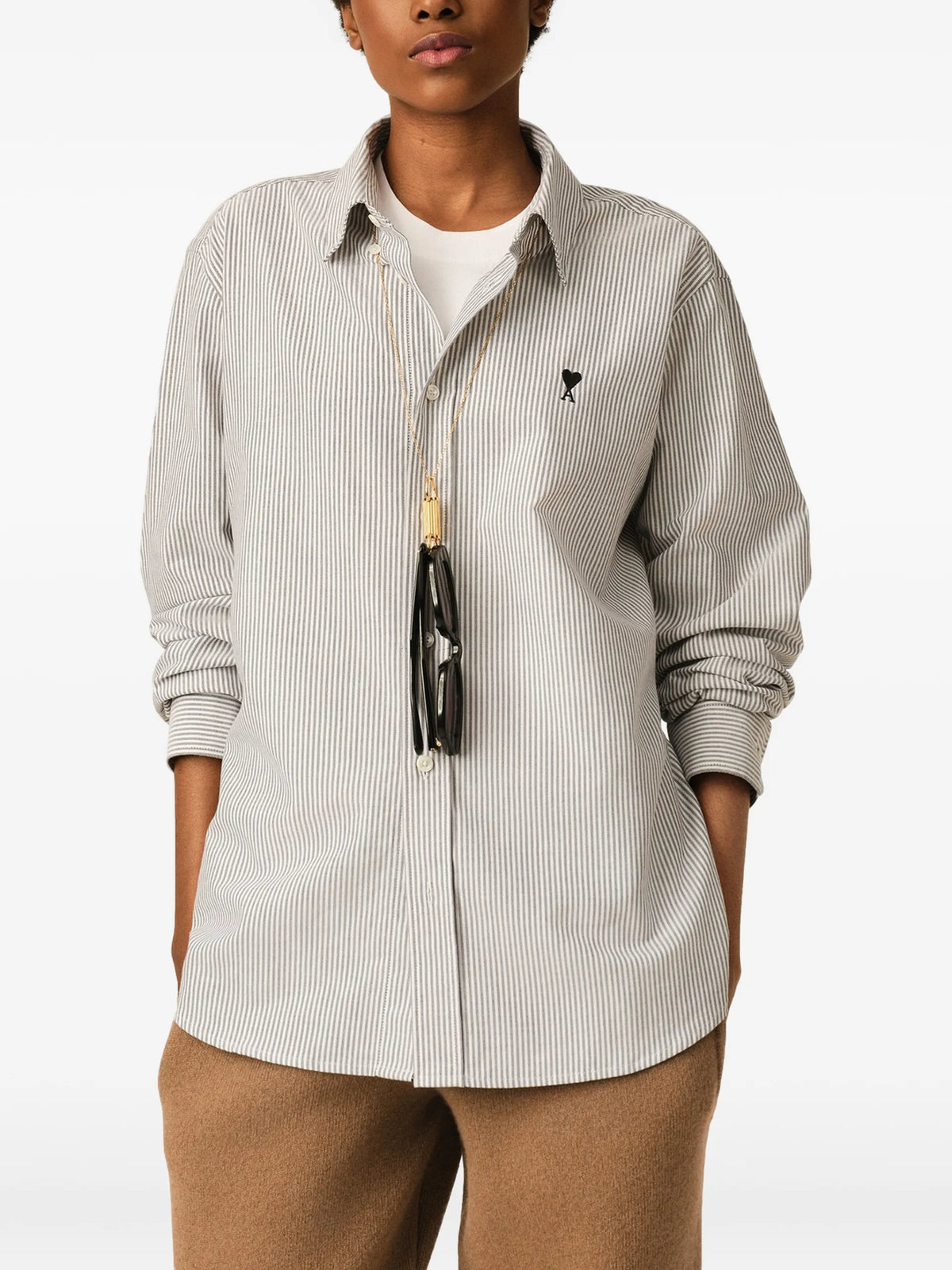AMI Paris Striped cotton shirt with Ami de Coeur coloris White - vue 4