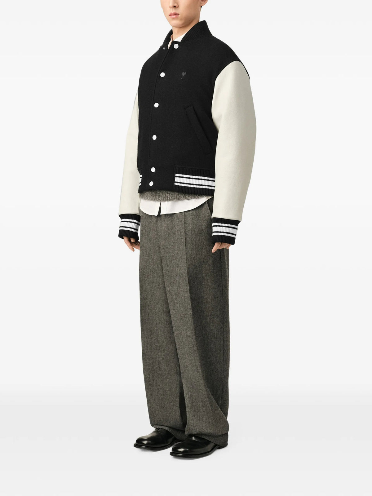 AMI Paris wool and leather padded teddy jacket with Ami Paris embroidery coloris Black - vue 3