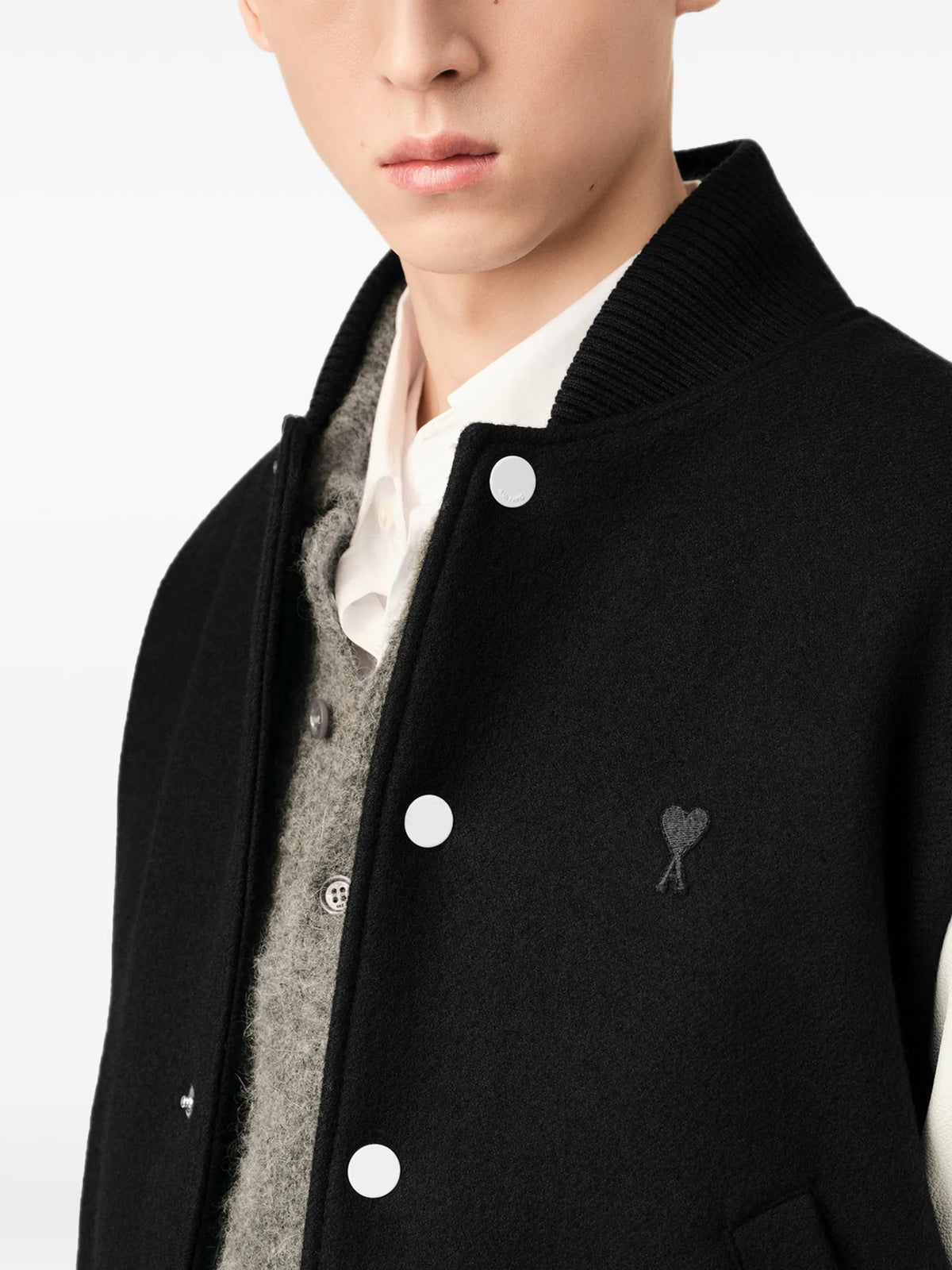AMI Paris wool and leather padded teddy jacket with Ami Paris embroidery coloris Black - vue 6
