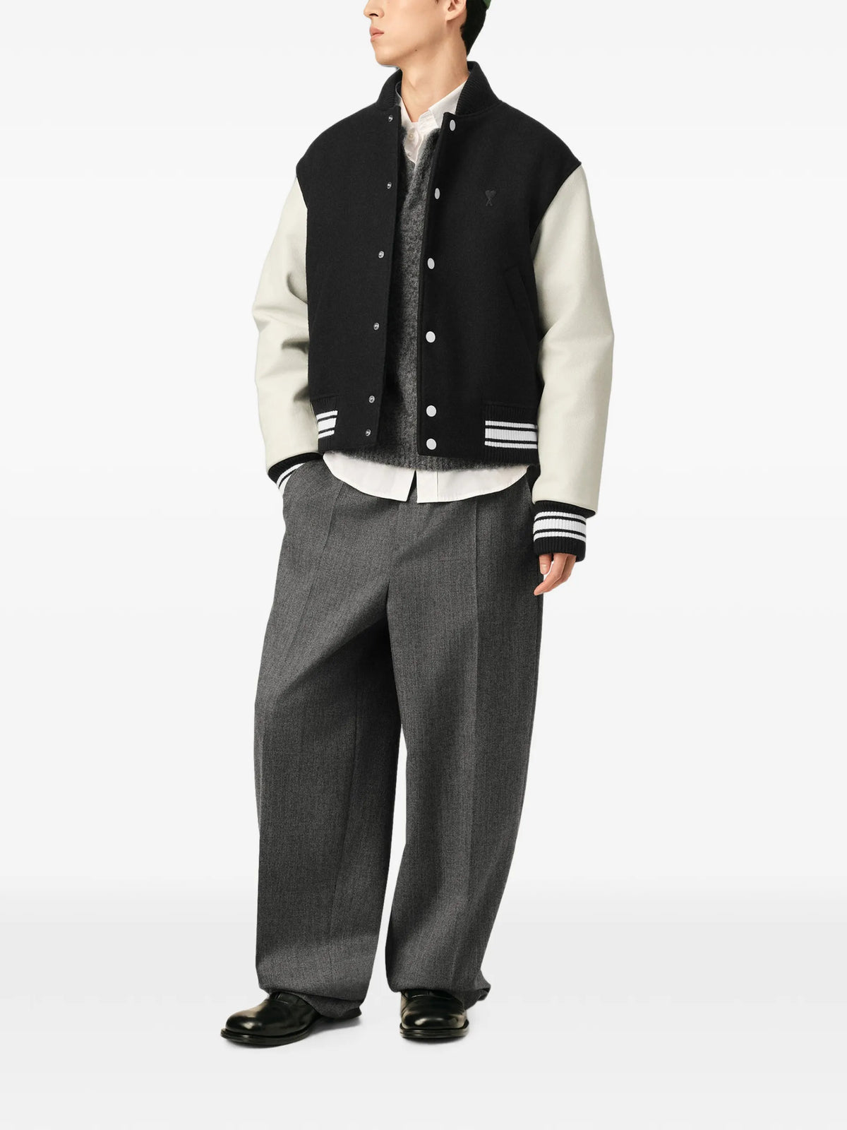 AMI Paris Wool And Leather Padded Teddy Jacket With Ami Paris Embroidery