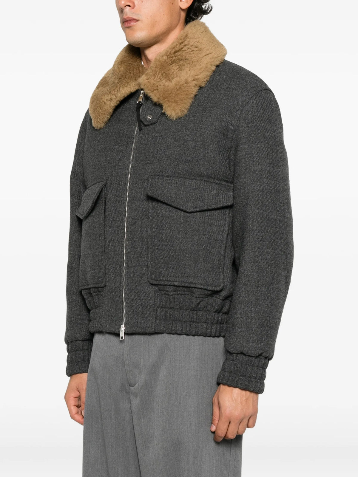 AMI Paris shearling-collar bomber jacket coloris Grey - vue 3